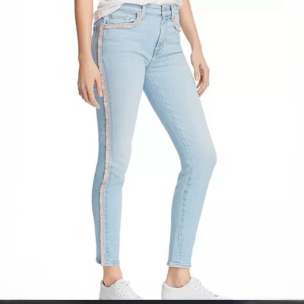 7 For All Mankind The High Waist Ankle Skinny Jeans Pink Pastel Fringe Size 28